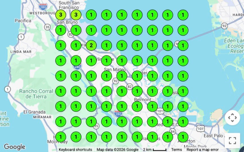 Map-pack rank grid — Auto glass repair, San Mateo, CA