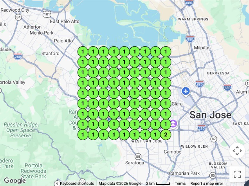 Map-pack rank grid — Auto glass repair, Sunnyvale / San Jose, CA