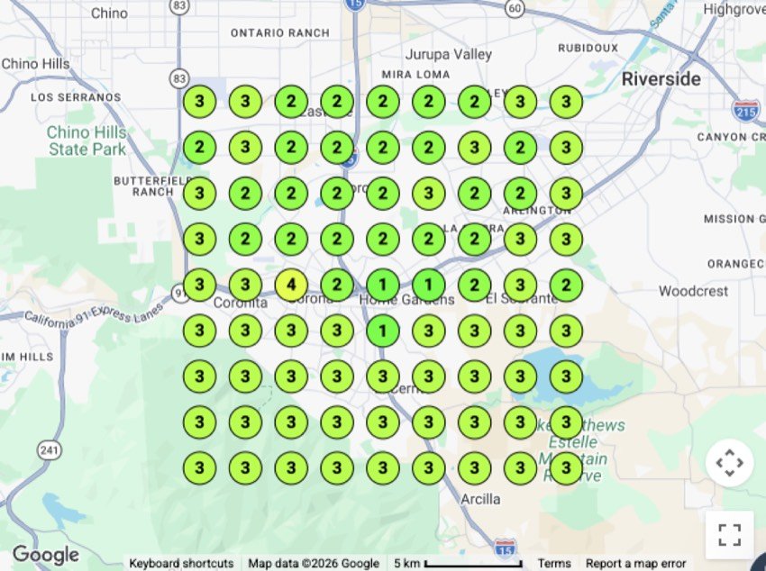 Map-pack rank grid — Fence company, Corona, CA
