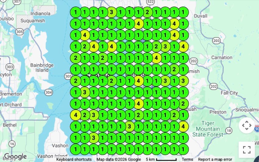 Map-pack rank grid — Parking-lot maintenance, Seattle metro, WA